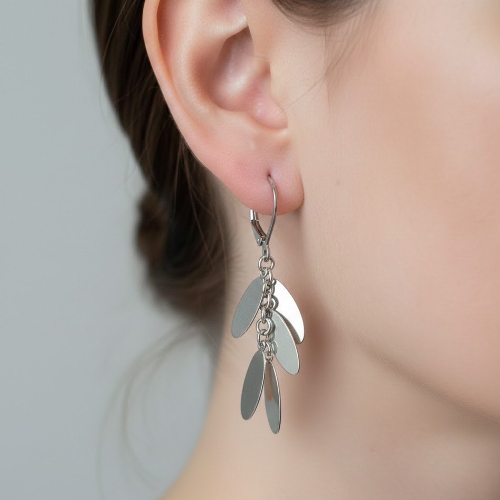 Sterling‎ Silver Leverback Dangle Earrings Oval Leaf Design 925 Italy